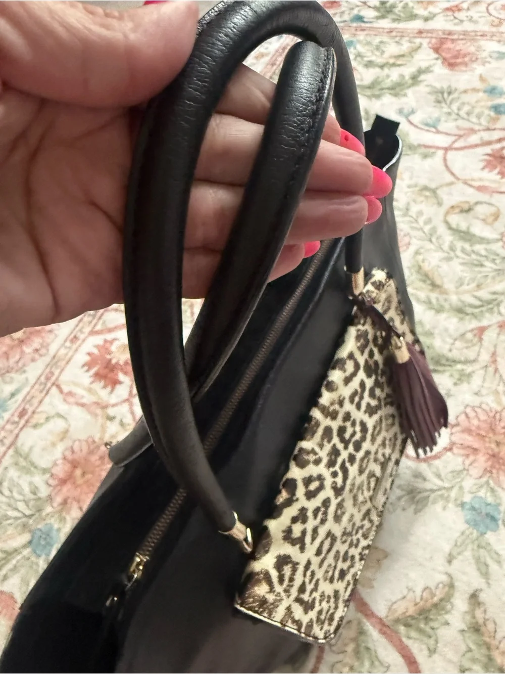kate spade Black Tote with Leopard Pocket and Burgundy Tassel